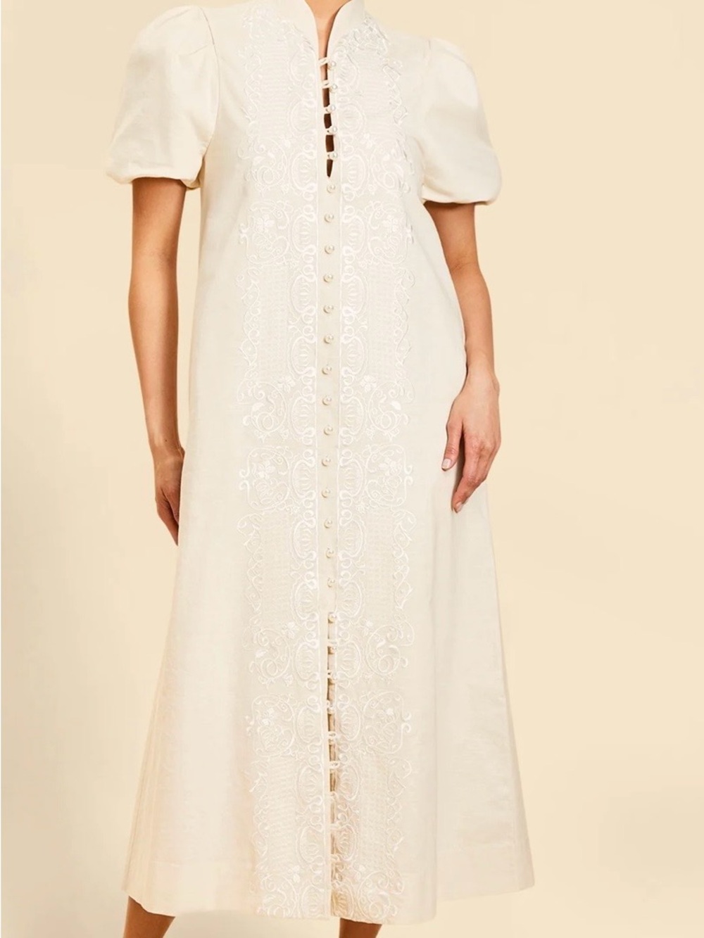 Ivory Embroidered Button-Front Midi Dress